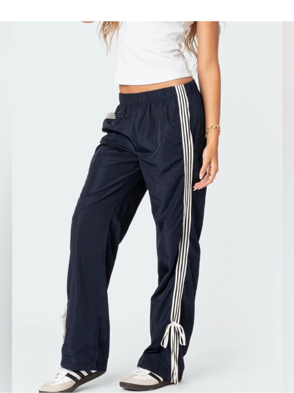 Edikted Navy Track Pants with White Side Stripes